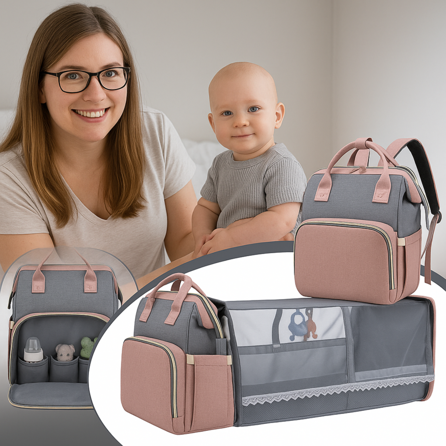 sac a dos a langer diaper backpack rose-gris